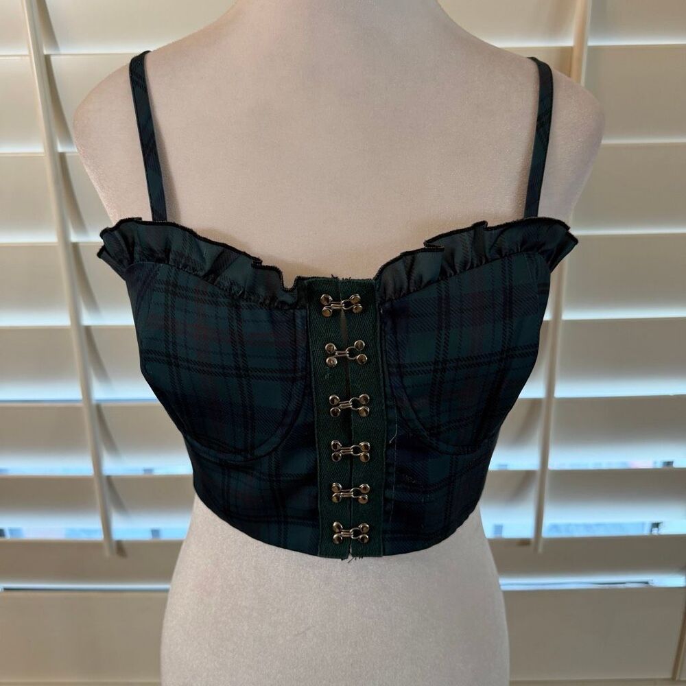 Poster Girl Dolls Kill Green Plaid Cropped Bustier Corset Top Sz M Alt Festival